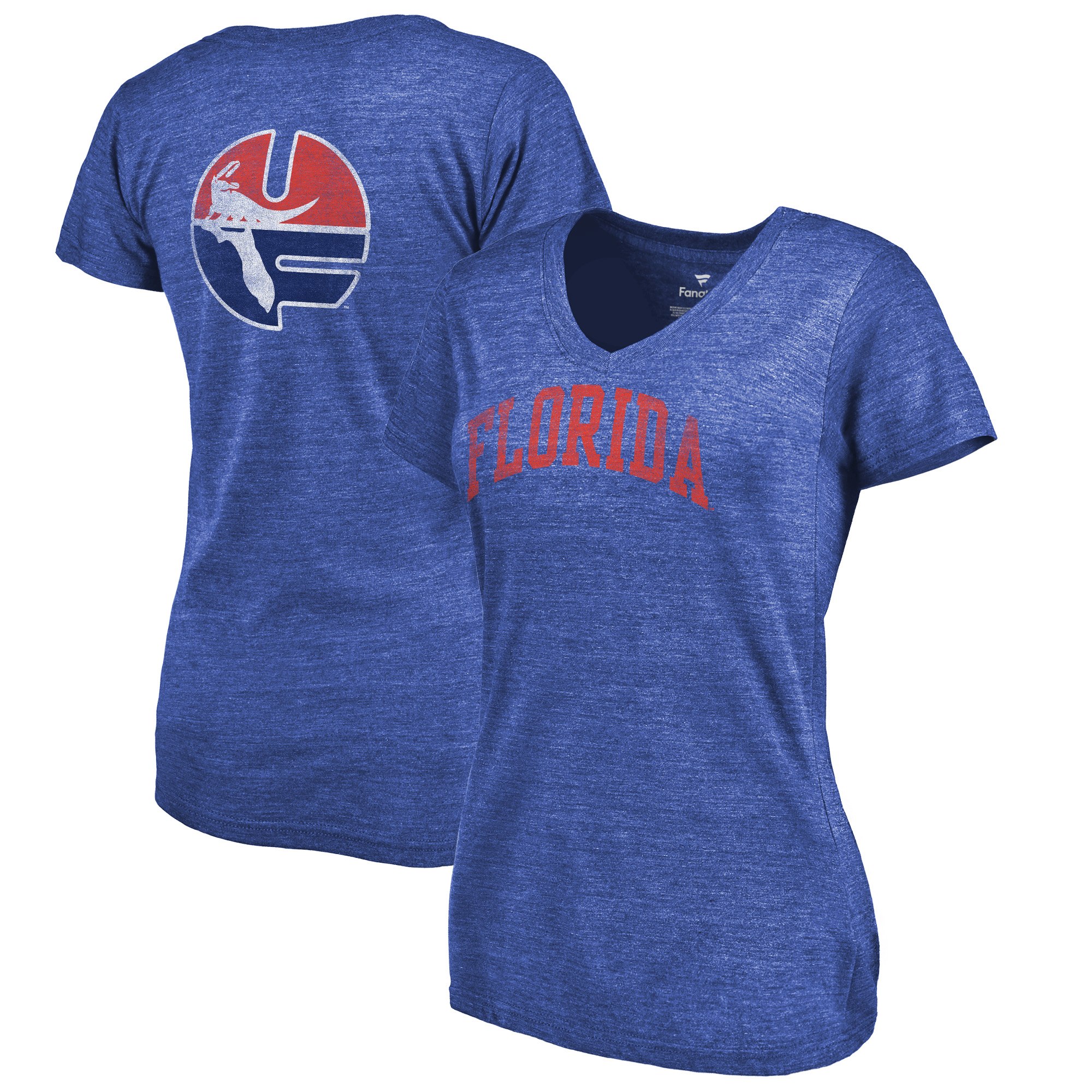 2020 NCAA Fanatics Branded Florida Gators Women Royal Vault Arch Over Logo TriBlend VNeck TShirt